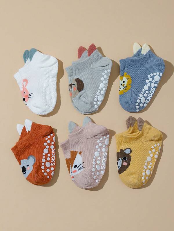 6 paires de chaussettes d'apprentissage antidérapantes pour bébé avec des animaux de dessin animé pour le printemps et l'automne
