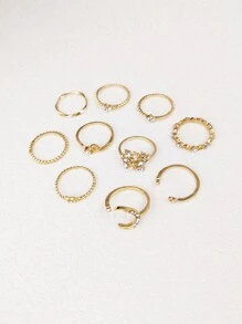 10入組/套時尚方晶鋯石裝飾月亮心花朵設計環適合女士適用於日常通勤 - 金色 - 查看 5