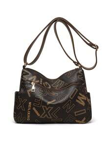 女士真皮纹理2024新款印花单肩包，多层软皮斜挎包，适合妈妈，大容量，多功能，适合中老年女性 - 棕色 - 查看 4