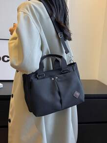 1 件黑色简约手提包，女士托特包，时尚休闲多功能多口袋矩形包，适合日常使用、购物、通勤，带拉链封口的单肩包，轻便可折叠帆布包，学院风格 - 黑色 - 查看 6