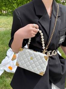 1 pieza Nuevo bolso acolchado de unicolor con rombo, decoración de perlas falsas y rhinestone, elegante y único bolso con forma de caja con cierre y cadena de metal para usar como bandolera, regalo de moda para mujeres - Blanco - Ver 3