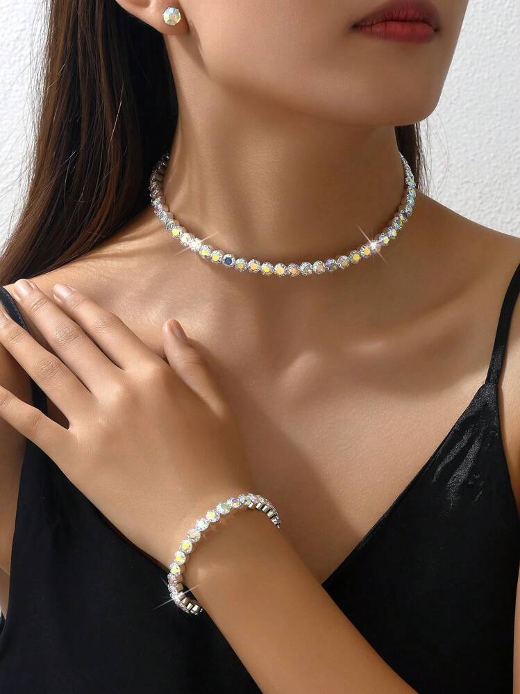1pc Women s Diamond Studded Iridescent Choker Necklace 1pc Women s Diamond Studded Iridescent Bracelet 1pair Women s Diamond Studded Iridescent Earrings SHEIN USA
