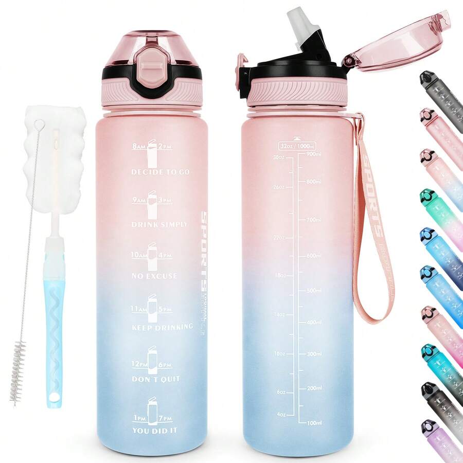AOHAN 1pc Water Bottles 1L Sport Drinking Bottle With Straw, Dishwasher Friendly Lock Cover Leakproof Motivational Water Bottle With Time Markings, Canteen Bottle