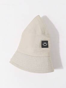 1pc Spring/Summer New Kid's Version Solid Knitted Bucket Hat With Square Smiling Face Detail, Cute & Sweet Style Essential Sun Ion & Daily Wear - Beige - View 5