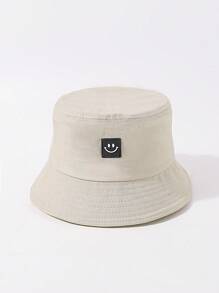 1pc Spring/Summer New Kid's Version Solid Knitted Bucket Hat With Square Smiling Face Detail, Cute & Sweet Style Essential Sun Ion & Daily Wear - Beige - View 1