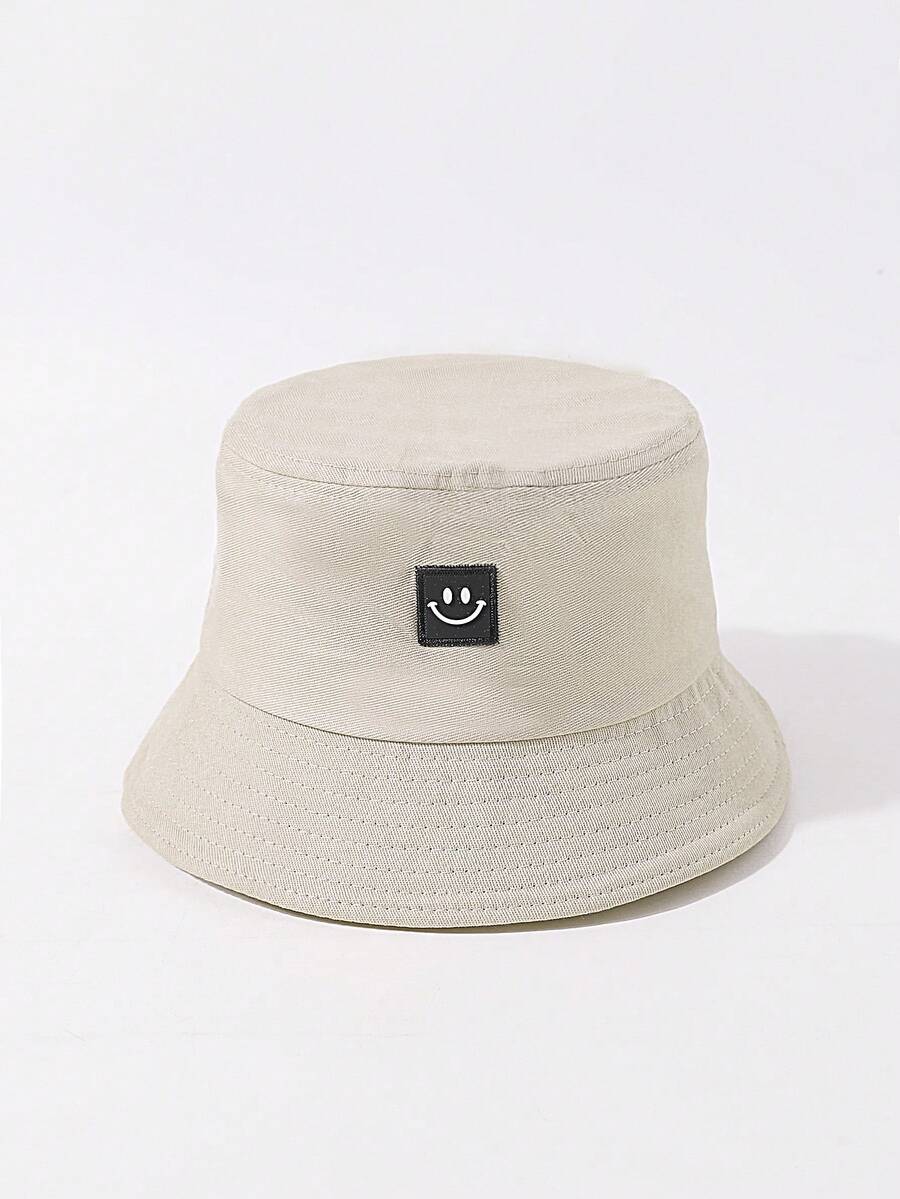 1pc Spring/Summer New Kid's Version Solid Knitted Bucket Hat With Square Smiling Face Detail, Cute & Sweet Style Essential Sun Ion & Daily Wear - Beige - View 1