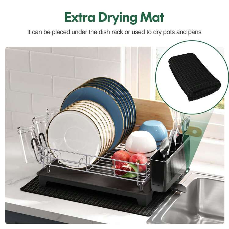 Dish Drying Rack, Dish Drainer With Drip Tray, Stainless Steel Dish Rack With Swivel Drainage Spout, Utensil Holder And Drying Mat, Draining Board For Kitchen Sink - Silver - View 7