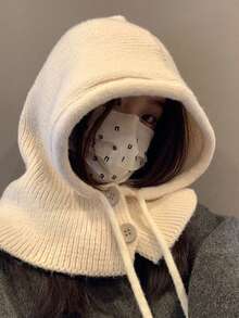 1pc Women's Knitted Hat Scarf Combination Warm Neck Warmer Cap For Spring & Autumn, Casual Style For Office, Date, Cycling - Beige - View 2