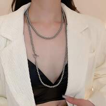 1條120cm長雙層珍珠項鍊,ot插扣設計,獨特風格與酷感調調,歐美毛衣裝飾最佳選擇 - 彩色 - 查看 3