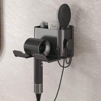 No Drilling Hair Dryer Holder, Wall Mounted Bathroom Storage Organizer Shelf With Cable Storage For Home Use Bathroom Decor Fall Decor Back To School