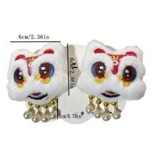 1pair Red Lion Dance Inspired Hair Clips With Cute Design And Embroidered Edges For Girls' Hanfu Hairstyle Embellishment, Chinese New Year Accessory - Red - View 2
