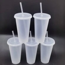 5入組可重複使用的塑膠杯,帶吸管和蓋子 - 24oz耐用水杯,冰咖啡杯,水瓶,旅行杯,夏季派對批量冷杯,適合成年人的生日和新年派對 - 透明 - 查看 3