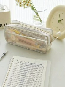 創意可伸縮筆袋,學校文具收納袋,可愛的純色筆袋,可愛的筆筒禮物,適合孩子的筆袋,網眼筆袋 - 米色 - 查看 1