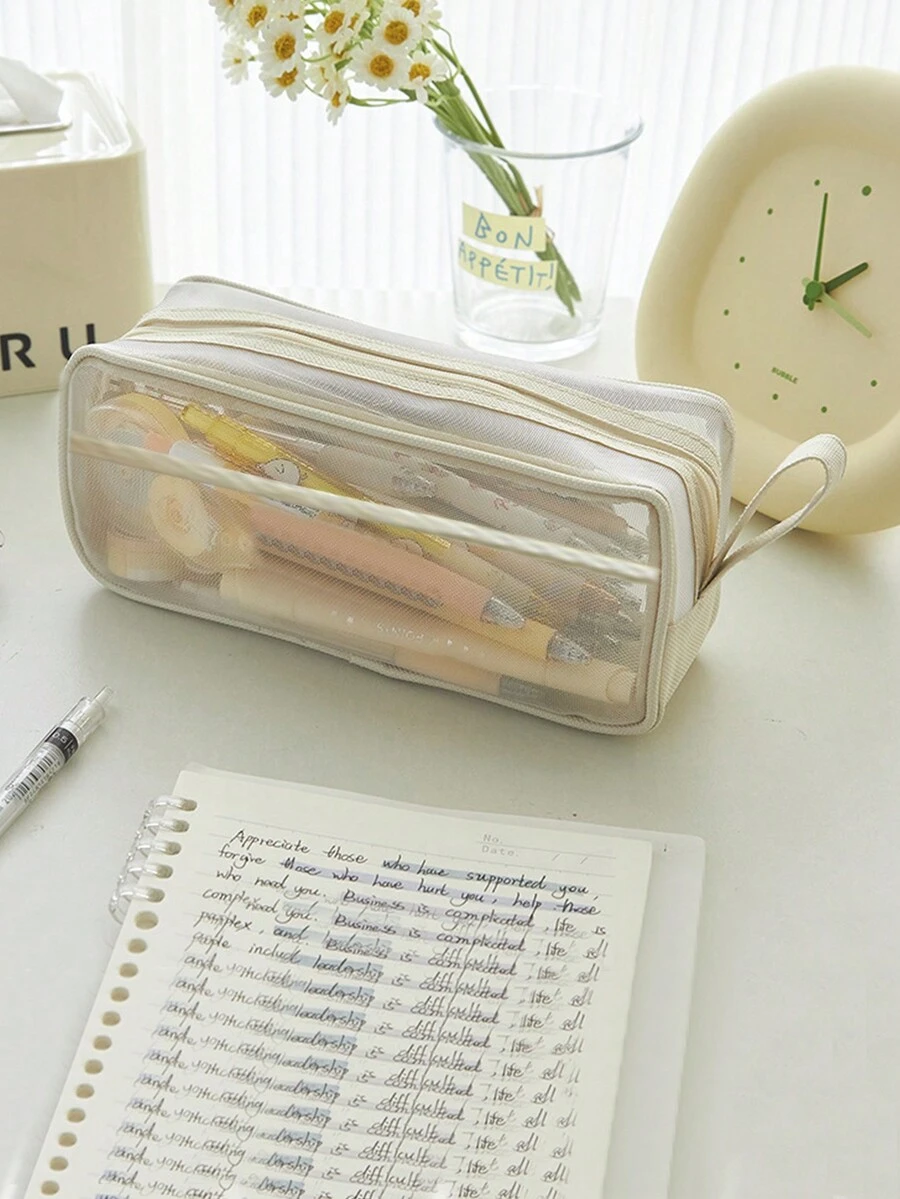 創意可伸縮筆袋,學校文具收納袋,可愛的純色筆袋,可愛的筆筒禮物,適合孩子的筆袋,網眼筆袋 - 米色 - 查看 1