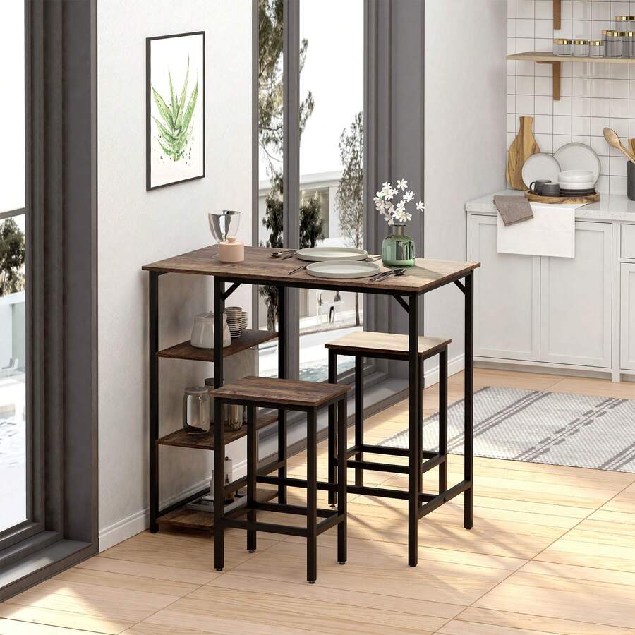 HOMCOM Set de Mesa de Bar y 2 Taburetes con Reposapiés y Estantes de 3 Niveles Almohadillas Ajustables para Cocina Comedor 109x60x100 cm Marrón Rústico - Marrón - Ver 1