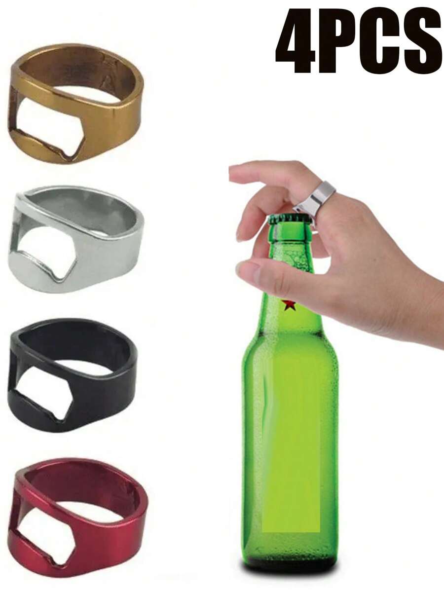 4PCS Stainless Steel Ring Bottle Opener, Creative Beer Bottle Opener, Finger Ring Bottle Opener, Kitchen Gadgets, Ring Beer Bottle Opener Ring, Stainless Steel Finger Bottle Opener, Cool Finger Ring For Men And Women Party Gifts, Portable Wine Opener Bar, Wine Opener, Hand Jewelry, For Outdoor, Camping, Gift For Father - Multicolor - View 1