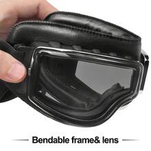 復古摩托車皮革風鏡,飛行員風格巡航摩托車風鏡atv防刮擦防塵防風眼鏡與安全帽配用 - 黑色 - 查看 5