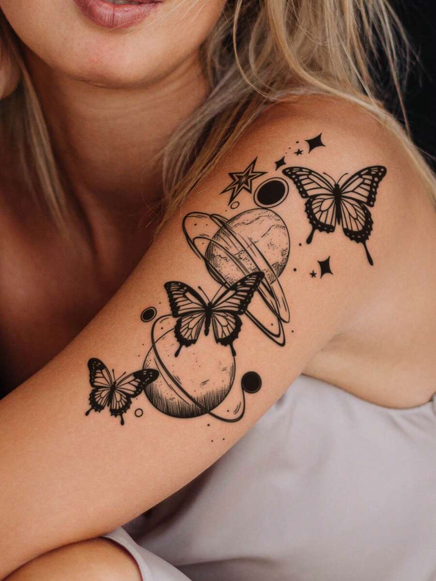 STARTTOOS 1 件黑色抽象設計蝴蝶、行星和花朵圖案臨時紋身貼紙適用於手臂/胸部/腹部/背部身體 - 黑色 - 查看 1