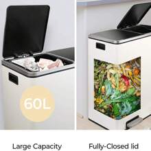 60L Kitchen Pedal Dual Waste Bin Trash Can Garbage Can Stainless Steel 2 Compartment Recycling Dustbin - White - View 4