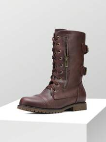 Women'S Combat Boots Lace Up Mid Calf Built-In Wallet Pocket Double Buckle Strap Decoration Comfortable Outdoor Motorcycle Christmas Winter Black Boots - 鐵鏽紅 - 查看 2