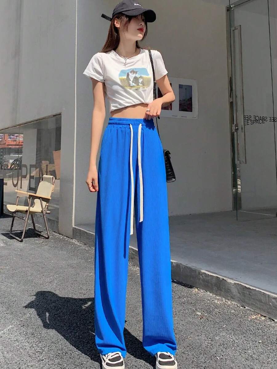 1 Piece Pans Pants Oversize Elephant Leg High Waist Elastic Woman - Blue - View 1