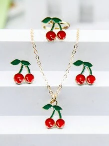4入組可愛精緻櫻桃造型珠寶套裝（耳環、戒指、吊墜項鍊） - 彩色 - 查看 1