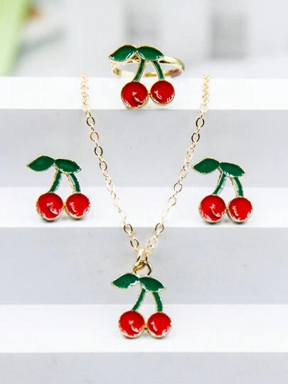 4入組可愛精緻櫻桃造型珠寶套裝（耳環、戒指、吊墜項鍊）