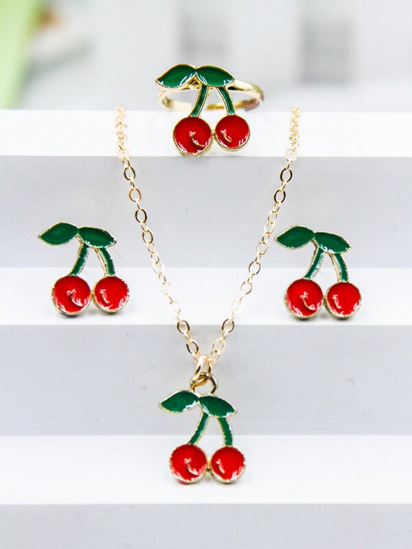 4pcs/Set Cute And Delicate Cherry Shaped Jewelry Set (Earrings, Ring, Pendant Necklace)