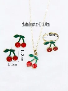 4入組可愛精緻櫻桃造型珠寶套裝（耳環、戒指、吊墜項鍊） - 彩色 - 查看 3