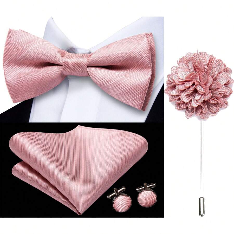 4 件装浅粉色婚礼丝绸领结纯色预系领结手帕袖口花卉别针胸花胸花礼物舞会晚宴情人节 - 粉色 - 查看 1