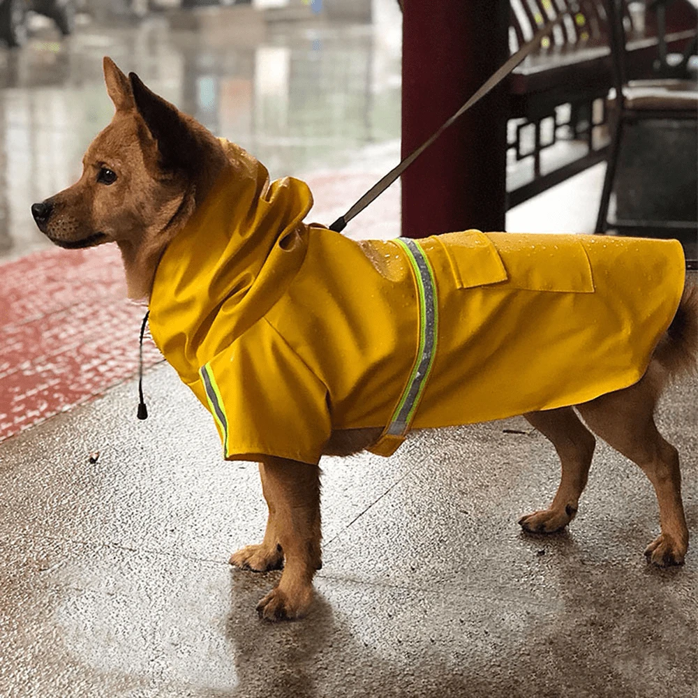 1件帶帽狗狗雨衣,防水反光狗狗雨衣,適用於3-50公斤大小的小型、中型和大型狗狗。反光披風雨衣,黃色寵物雨衣,在雨天遠足時使用,適用於雨天狗狗衣服