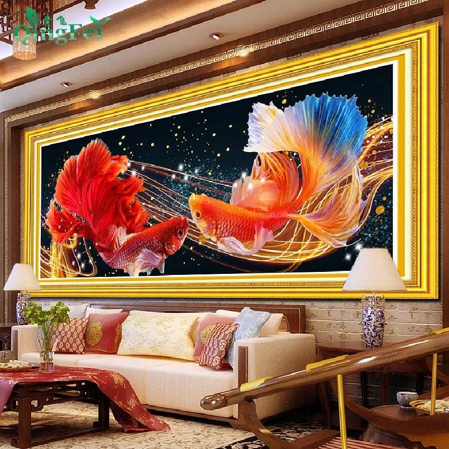 Bright Silk Thread E239 Shiny Starry Sky Koi Fish Painting Cross-Stitch Lucky Koi For Living Room Decoration, Diy Embroidery - Beige - View 1