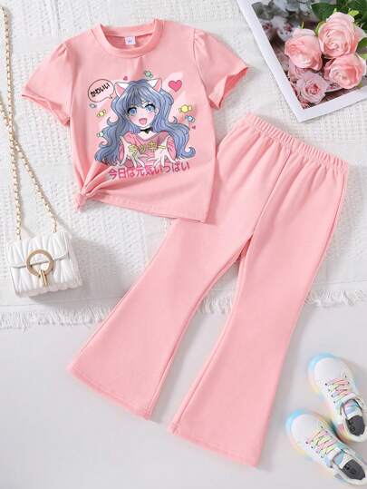 ملابس علوية قصيرة الأكمام وبنطلون واسع بطباعة نمط كرتوني للفتيات الصغيرات