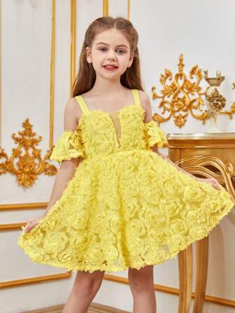 Tween Girl Open Shoulder Puff Sleeve Embroidered Mesh Formal Dress