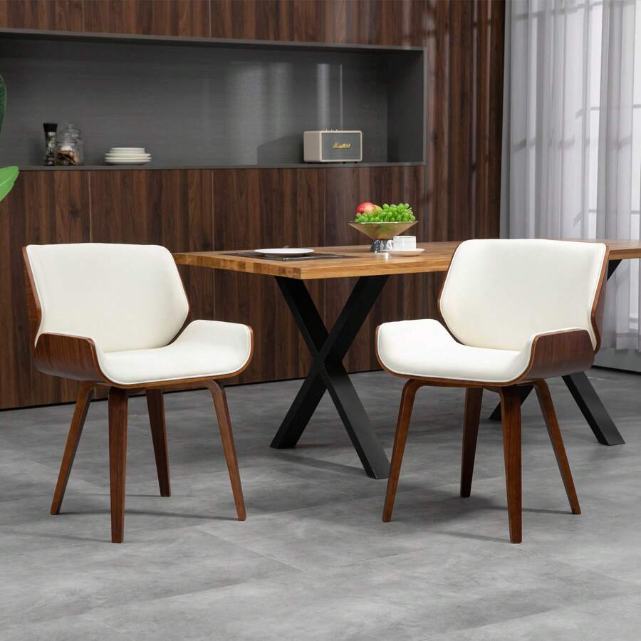 HOMCOM Lot de 2 chaises de salle à manger style vintage assise revêtement synthétique blanc et pieds en bois - Blanc - Voir 1