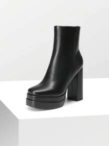 Women's Platform Ankle Boot High Chunky Heels Square Toe Comfort Party Dress Booties Shoes For Women - 黑色 - 查看 4