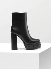 Women's Platform Ankle Boot High Chunky Heels Square Toe Comfort Party Dress Booties Shoes For Women - 黑色 - 查看 5