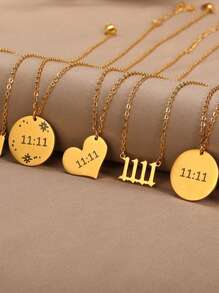 1 件复古天使数字 1111 吊坠项链女式心形/圆形/方形 11:11 数字项链 18K 镀金不锈钢链式颈链时尚珠宝礼物情人节 - 金黃色 - 查看 3