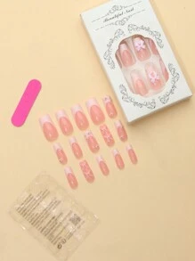 24入組淺粉色方形指甲藝術品,粉紅色蝴蝶結、粉色花卉設計+1個指甲文件+1個果凍膠 - 粉色 - 查看 3