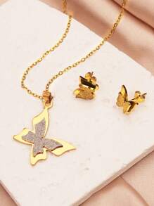 3入組18k鍍金不鏽鋼蝴蝶形項鍊和耳環,鑲有透明水晶,適合作為女性節慶禮物 - 金黃色 - 查看 16