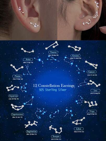 FOREVER QUEEN 925 Sterling Silver 12 Constellation Stud Earrings Hypoallergenic Ear Jewelry Exquisite Simple Classic Style Delicate Women Birthday Gift Sending Girlfriend, Best Friend,Valentine's Day Gifts Valentines