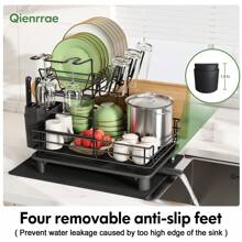 Dish Drying Rack, 2 Tier Large Dish Drainer With Drip Tray, Stainless Steel Dish Rack With Swivel Drainage Spout, Utensil Holder And Drying Mat, Draining Board For Kitchen Counter - Negro - Ver 3