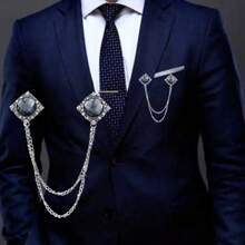 1入組男士時尚寶石裝飾鍊條設計胸針,附掛飾領針 - 金色 - 查看 1