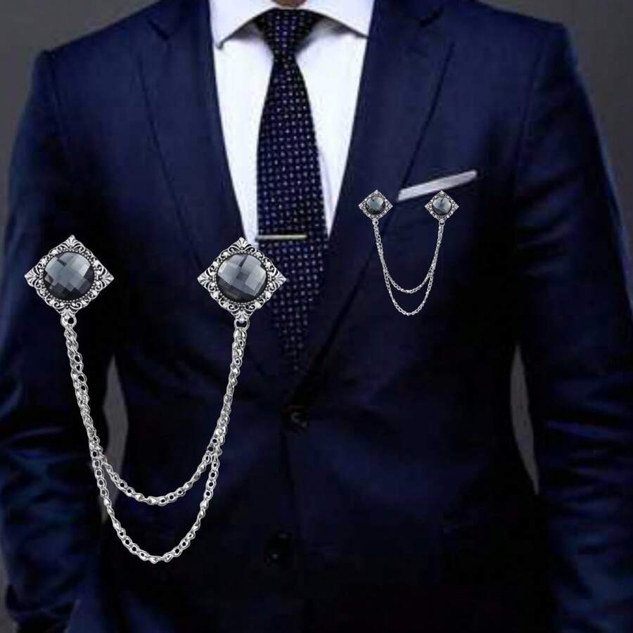 1入組男士時尚寶石裝飾鍊條設計胸針,附掛飾領針 - 金色 - 查看 1