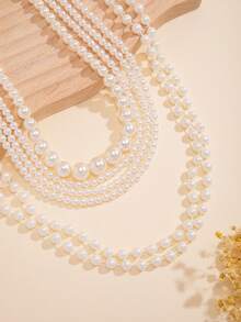 6 件优雅不对称仿珍珠串珠项链套装，可多次佩戴可调节项链，精致珠宝套装，适合女性日常和派对佩戴，礼物 - 白色 - 查看 3