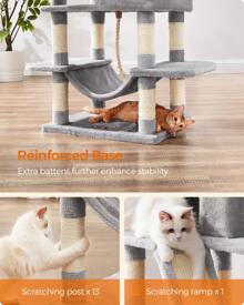 Feandrea Cat Tree, 66.1-Inch Large Cat Tower With 13 Scratching Posts, 2 Perches, 2 Caves, Basket, Hammock, Pompoms, Multi-Level Cat Furniture Activity Center For Indoor Cats, Cat Necessities - 淺灰色 - 查看 6