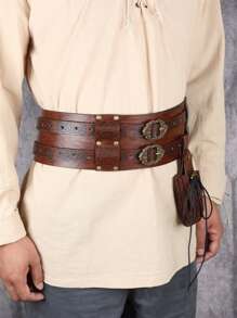 2 Piezas/set Cinturón Ancho Marrón + Mini Bolsa Con Cordón Para Hombre,, Estilo Vintage, Ideal Para Equitación, Caza, Cosplay De Vikingos O Piratas Accesorio De Juego De Roles - Marrón - Ver 1