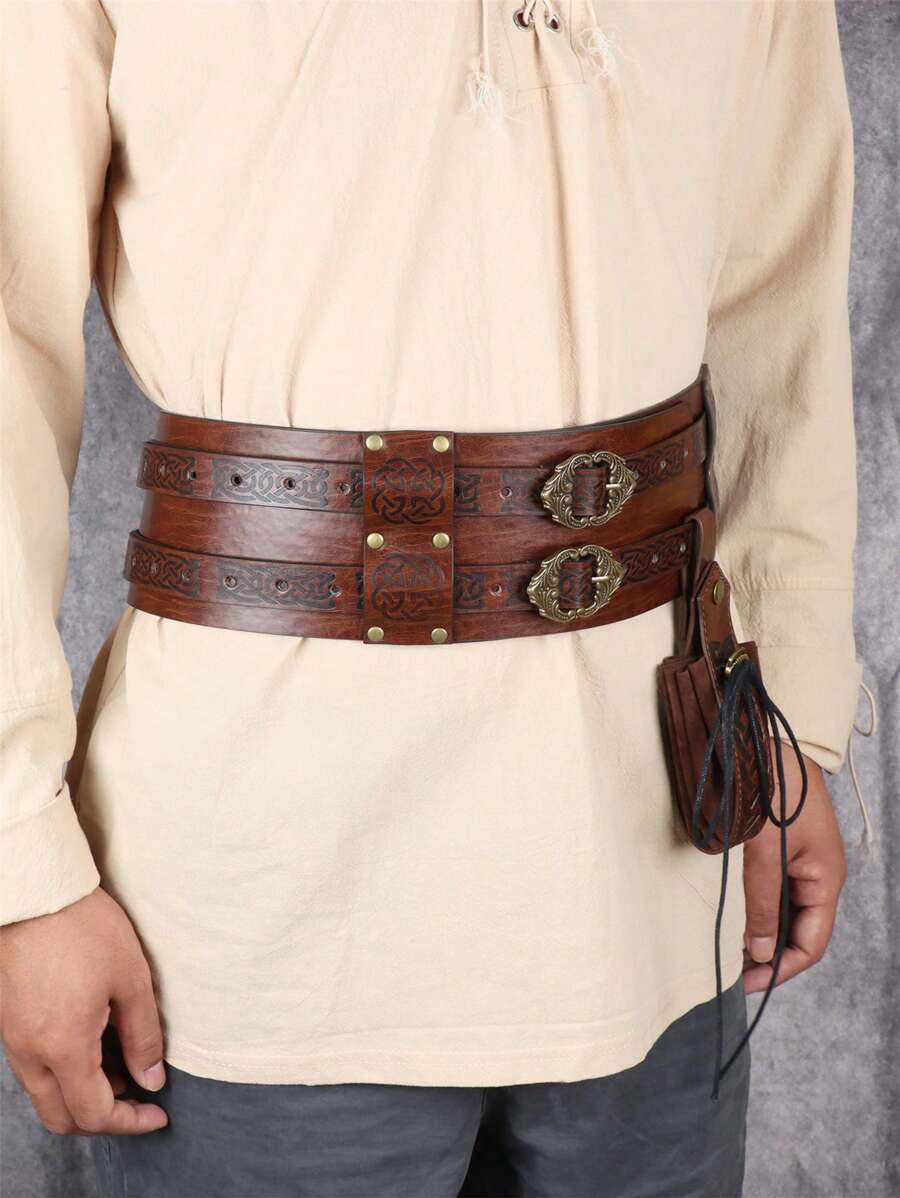 2 Piezas/set Cinturón Ancho Marrón + Mini Bolsa Con Cordón Para Hombre,, Estilo Vintage, Ideal Para Equitación, Caza, Cosplay De Vikingos O Piratas Accesorio De Juego De Roles - Marrón - Ver 1