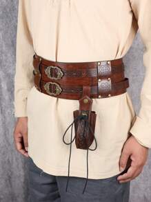 2 Piezas/set Cinturón Ancho Marrón + Mini Bolsa Con Cordón Para Hombre,, Estilo Vintage, Ideal Para Equitación, Caza, Cosplay De Vikingos O Piratas Accesorio De Juego De Roles - Marrón - Ver 3