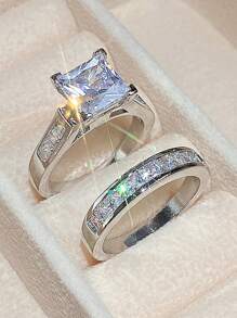 2pcs/Set Fashion Cubic Zirconia Ring For Women For Valentine's Day Gift Wedding Anniversary Party Jewelry Valentines